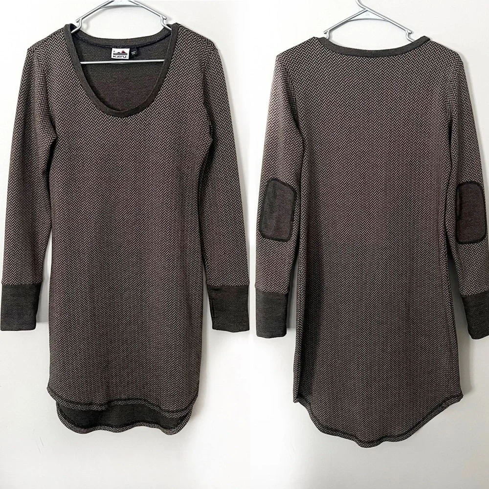 Kavu Brown Herringbone Sweater Dress Chevron Medium Elbow Patches Earthy Cozy